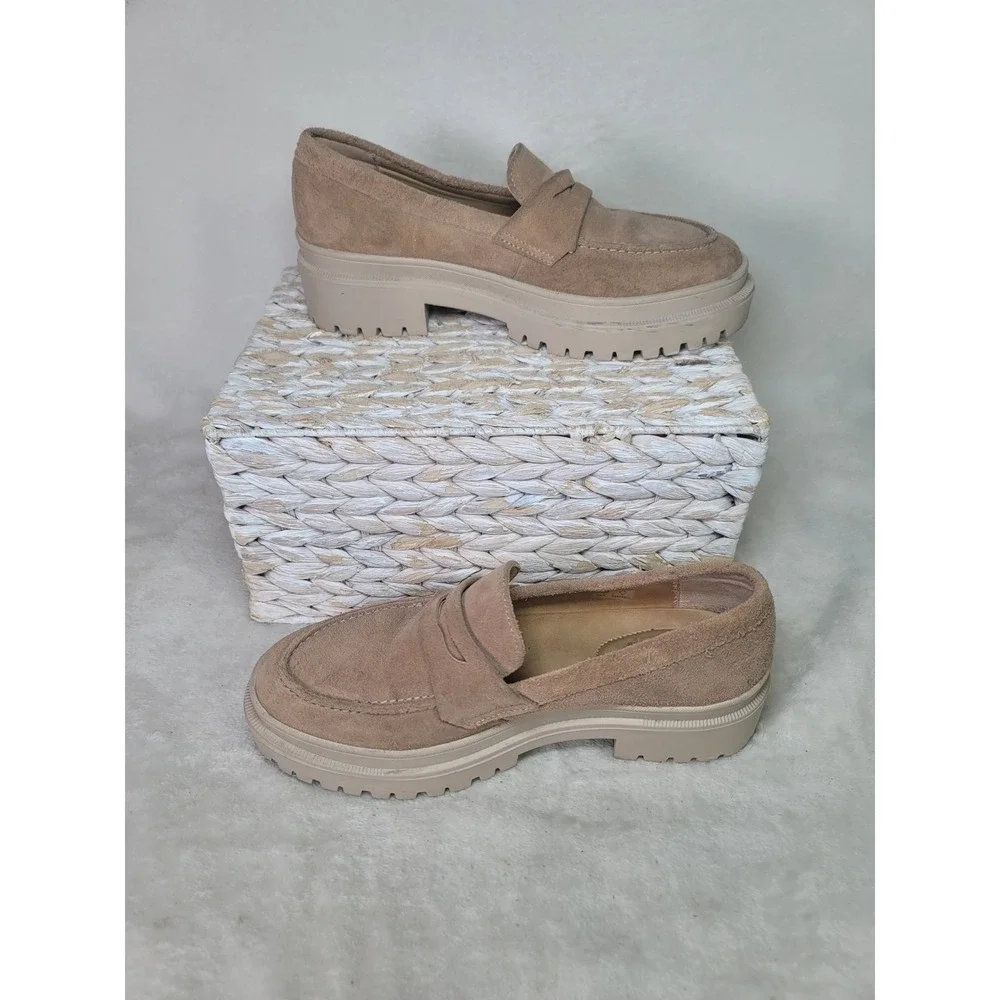 Patina Dark Acadamia Suede Platform Penny Loafers Lug Sole Beige Size 9 Capsule